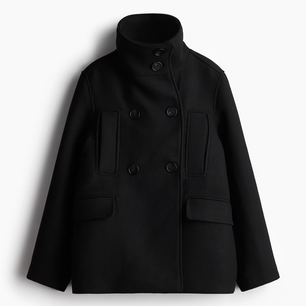 H&M high collar jacket black coat mock neck turtle neck polyester and wool blend
